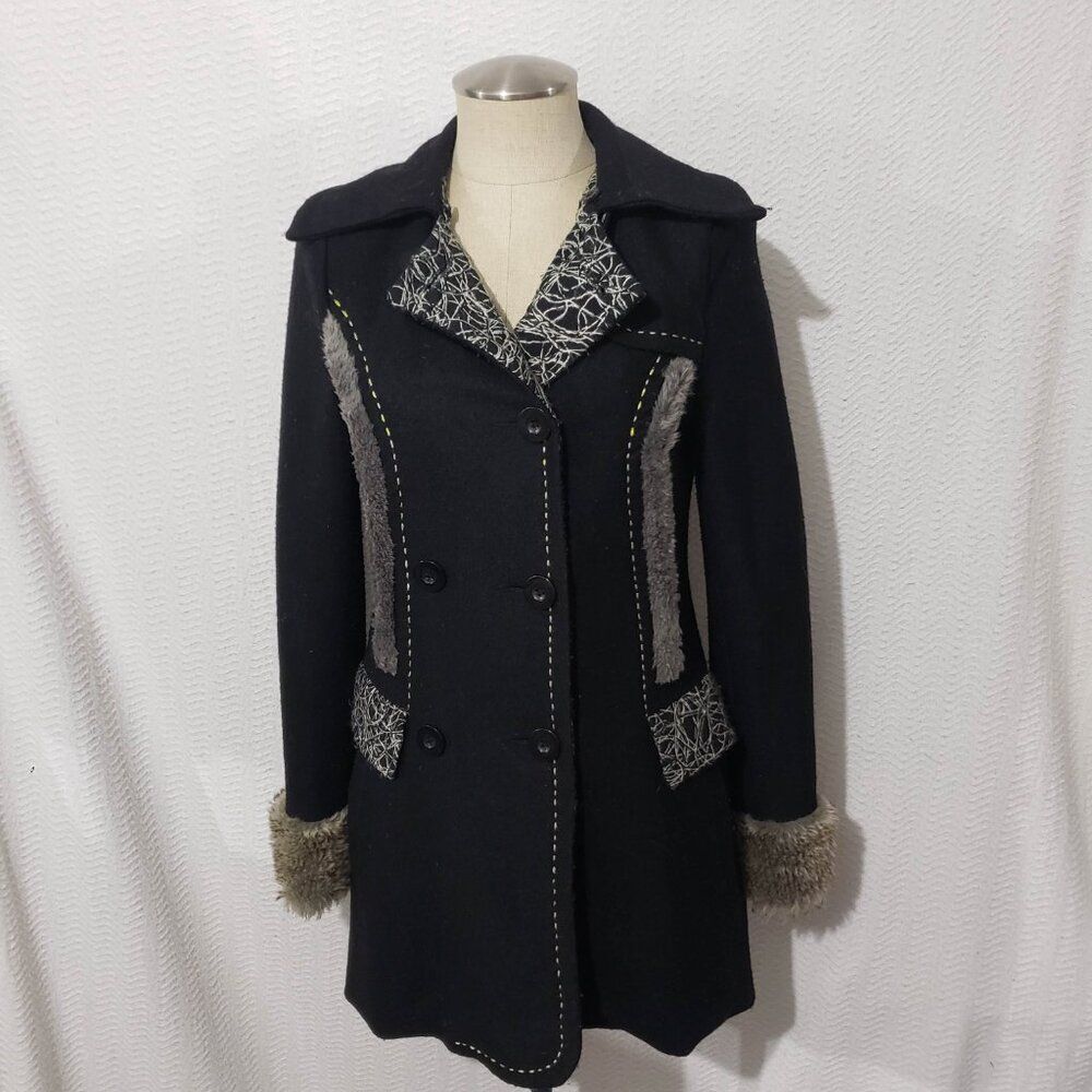 BKE Black Double Breasted Pea Coat Faux Fur S - Picture 9 of 12